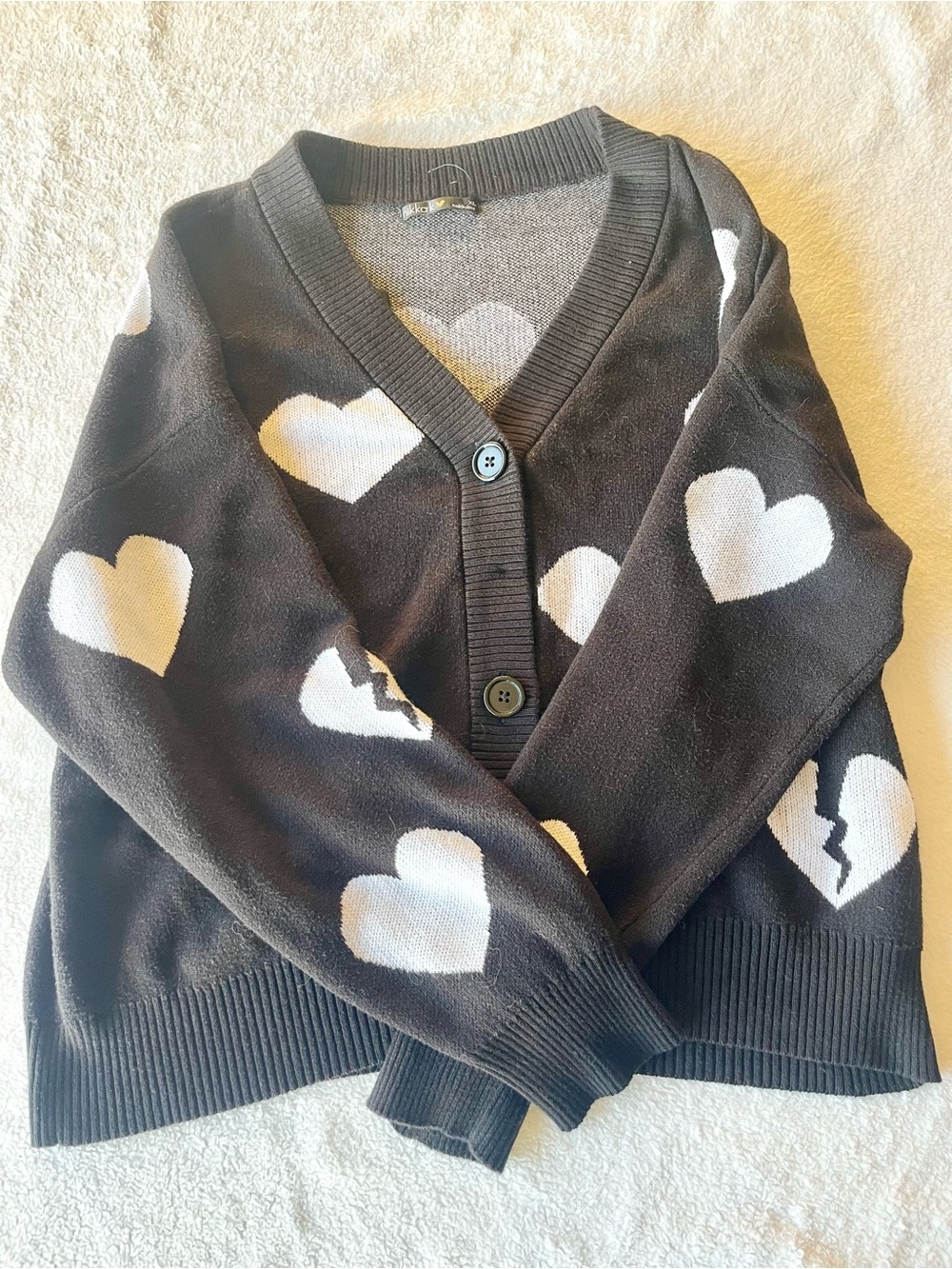 Nikka K  Black Heart-Pattern V-Neck Cardigan Sweater -